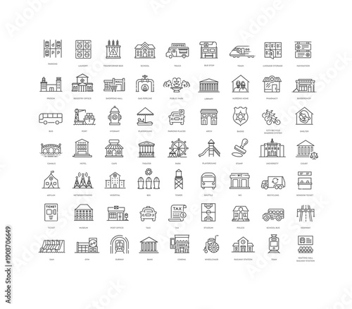 City Infrastructure Line Icons Set. Urban Buildings, Transport and Public Places Outline Symbols