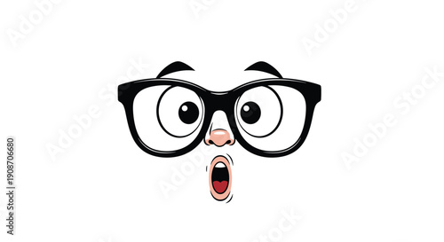 Cartoon illustration of wide, surprised eyes and an open mouth wearing black-rimmed glasses.