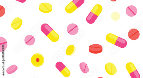 Seamless scattered pattern of yellow, pink, and red pharmaceutical pills and capsules on a white surface.