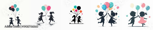 Silhouette of a Kids Playing with Balloons Vector Illustration
