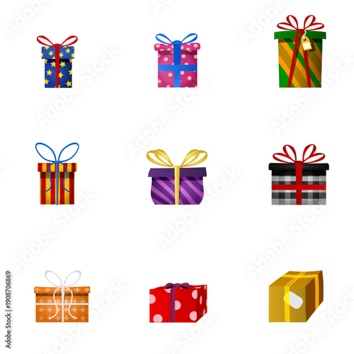 Conjunto de cajas de regalos estilo caricatura. Icono de festividad, San Valentín, navidad, cumpleaños y otros. Símbolo de la infancia. 
Ilustración vectorial color.