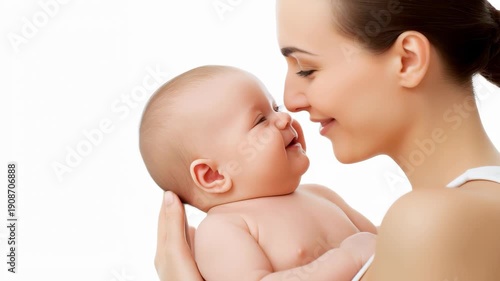 Bond of Love: A mother gazes at her adorable baby, an intimate moment of tender connection. The image of the infant held by their loving mother.