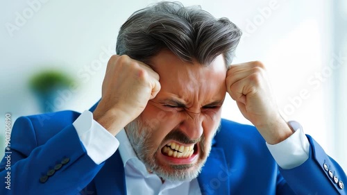 Stressful Moment: A man, weathered by the pressures of the modern world, clasps his head in frustration, embodying the intense strain of a challenging situation.