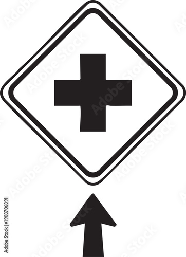 Single Hospital Cross Informational Sign Silhouettes Isolated on White Background