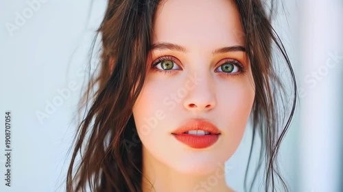 Serene Beauty Portrait: A captivating headshot of a young woman with radiant beauty. Her bright, expressive eyes and soft features project serenity and inner peace. 