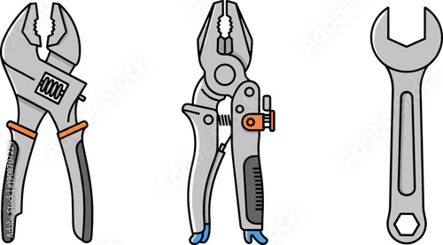 Collection of three common hand tools: adjustable wrench, pliers, and open-end wrench