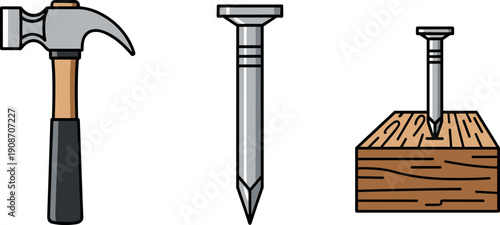 Hammer and nails, one nail driven into wood, simple vector illustration