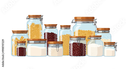 A collection of various clear glass jars with wooden clamp lids are neatly arranged, containing dry food items.