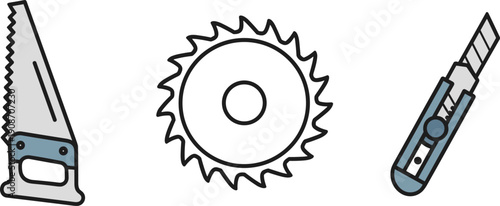 Collection of three essential cutting tools: handsaw, circular saw blade, and utility knife