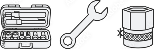 Set of tools including a wrench, socket set in a case, and a hose fitting