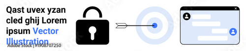 Cybersecurity, online privacy, data security, targeted marketing, digital communication, safe browsing. A lock, an arrow striking a target and a user interface panel. Cybersecurity and online