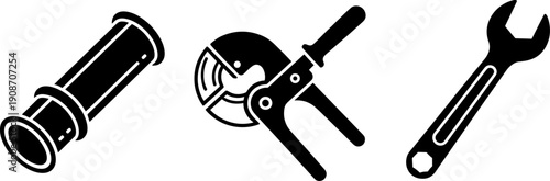 Set of plumbing tools including pipe cutter, wrench, and pipe fitting icon