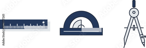 Set of drafting tools including a ruler, protractor, and compass on a white background