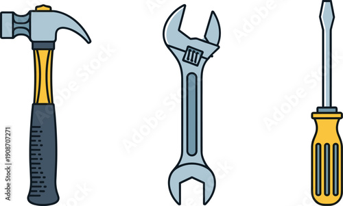 Set of common hand tools including a hammer, wrench, and screwdriver on a white background