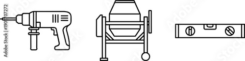 Collection of construction tools including a drill, cement mixer, and level