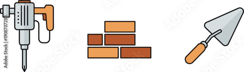 Construction tools and materials: jackhammer, bricks, and trowel icons on white background