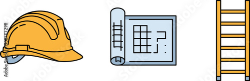 Construction safety helmet, blueprint, and ladder icons representing building and planning