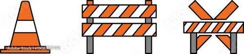 Set of traffic cones and construction barriers for road safety and traffic management
