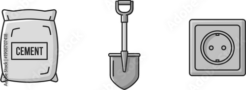 Construction and electrical elements: cement bag, shovel, and power outlet icons