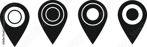 Vector illustration of location pin icons in black-and-white minimalist design symbolizing maps, navigation, travel, and digital cartography