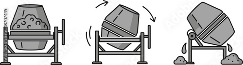 Concrete mixer stages: loading, mixing, and pouring construction material