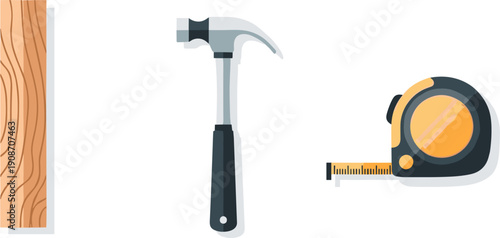 Wood plank, hammer, and tape measure tools arranged on a white background
