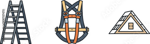 Safety equipment icons: ladder, harness, and roof safety system for construction