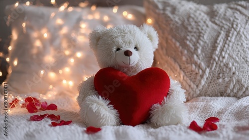 Adorable White Teddy Bear With Heart Pillow on Cozy Bed Setting