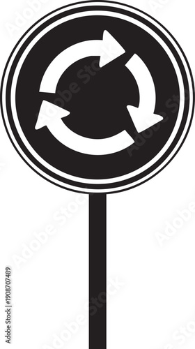 Single Mandatory Traffic Circle Roundabout Direction Sign Silhouettes
