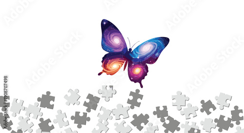 A colorful butterfly with galaxy-patterned wings hovers above a scattered collection of gray puzzle pieces on a white surface.