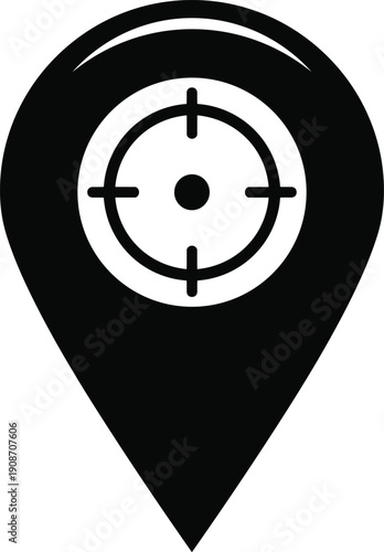 Vector illustration of location pin with target icon in black-and-white minimalist design symbolizing GPS, navigation, precision, and geolocation