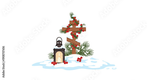 A decorated wooden Orthodox cross with red berries and pine branches stands in snow next to a glowing lantern.