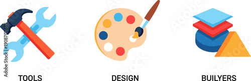 Set of three icons representing tools, design, and building blocks for creative projects