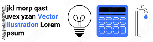 Educational resources, utilities, energy conservation, technology, financial planning, analytics. Graphic of a bulb, calculator and faucet with water drop. Educational resources and utilities