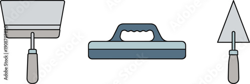 Set of three construction tools including a trowel, putty knife, and float