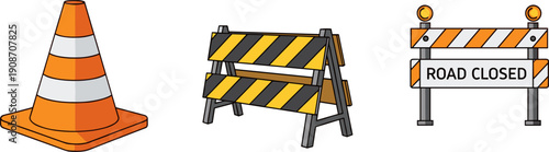 Traffic cone and road closure barriers for construction and safety warnings
