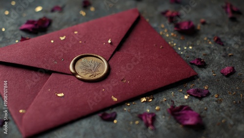 Elegant Red Envelope with Wax Seal and Dried Rose Petals