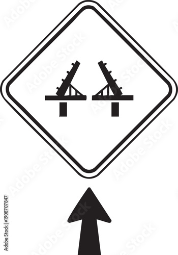 Single Opening Bridge Warning Sign Silhouettes Isolated on White Background