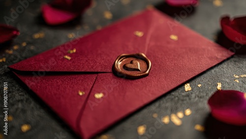 Elegant Red Envelope with Wax Seal Surrounded by Rose Petals