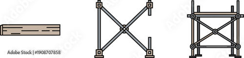 Construction scaffolding components and a wooden plank shown in a flat design