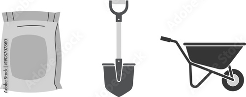 Gardening tools including a bag of soil, shovel, and wheelbarrow on a white background