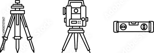 Surveying equipment icons: total station, tripod, and spirit level on white background