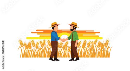 Two farmers in hats shake hands warmly in a golden wheat field under a vibrant orange sunset.