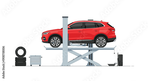 Red SUV elevated on a hydraulic lift in a clean auto service garage with spare tires and tools.