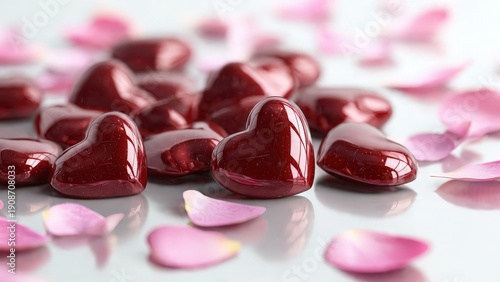 Red Heart-Shaped Gems on Petals for Romantic or Valentine's Day Theme