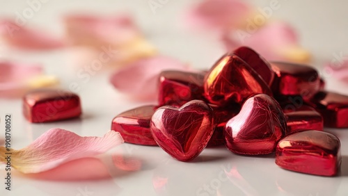 Red Heart-Shaped Chocolates Surrounded by Rose Petals for Romantic Mood