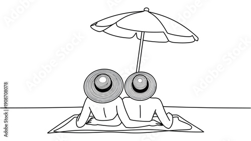 A couple relaxing on a beach under a large umbrella wearing sunhats