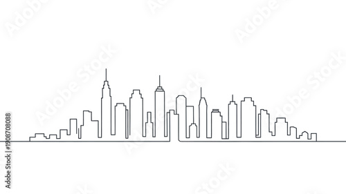 A minimalist line drawing of a city skyline with tall buildings and skyscrapers