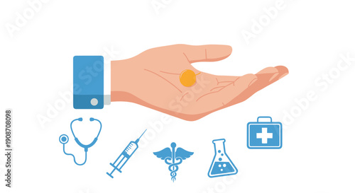 Open hand holding a golden coin, with a stethoscope, syringe, caduceus, flask, and first aid kit icons.