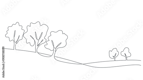 A minimalist line drawing of trees on a rolling hill